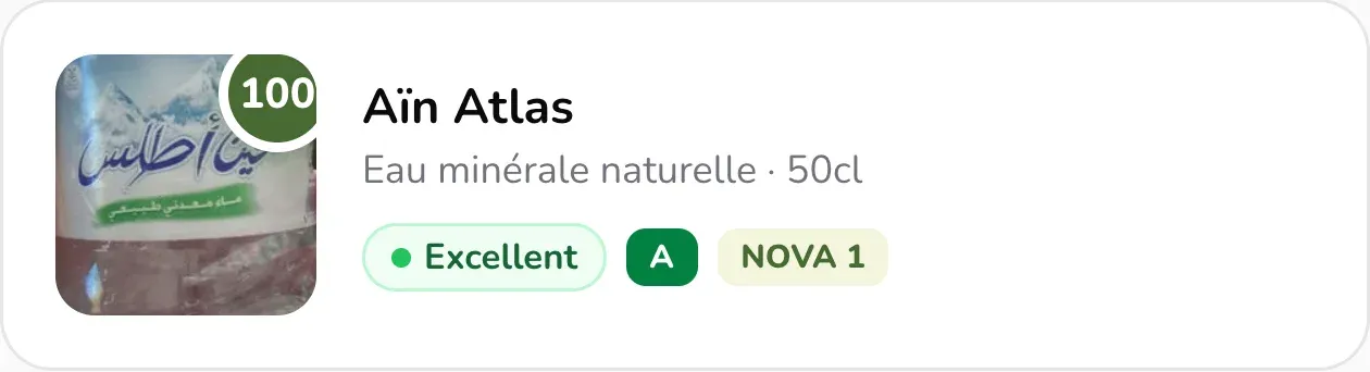 Compact product card with score badge, Nutri-Score grade, and NOVA classification
