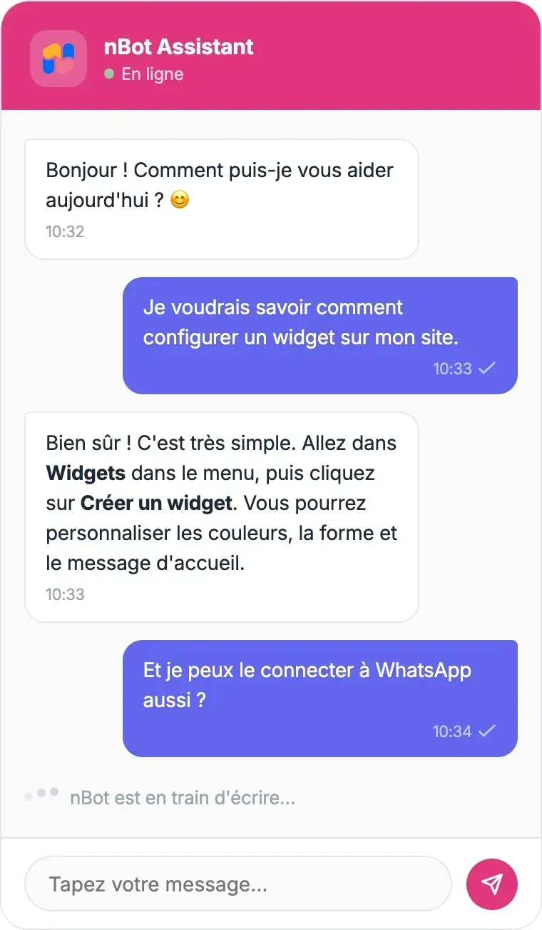 Embeddable web widget with branded header, message bubbles, and composer