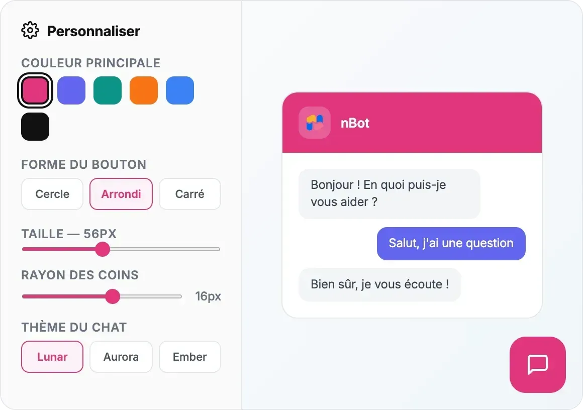 Customization studio for color palette, button shape, corner radius, and chat theme