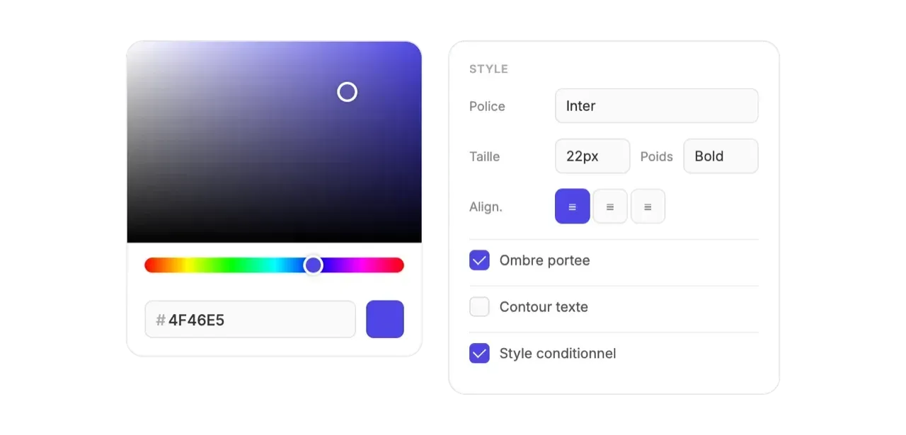 Style panel with color picker, typography, and conditional formatting rules